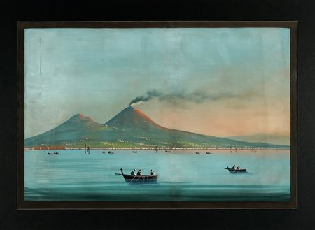 Scuola napoletana del XIX secolo, Napoli dal mare, veduta del Vesuvio. 1890....