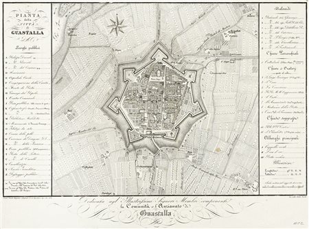 Evangelista Azzi, Pianta della città di Guastalla. 1832. Incisione in rame....