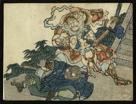 Artista di scuola Utagawa, Coppia di Egoyomi /Bishamonten che sottomette un...