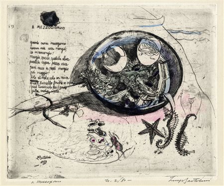 Luigi Bartolini, A mezzogiorno. 1939. Acquaforte acquerellata su velina...