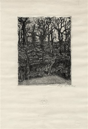 Luigi Bartolini, Bosco ceduo. 1943. Acquaforte su velina applicata. mm...