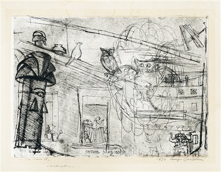 Luigi Bartolini, Via Oslavia 37. 1949. Acquaforte su carta applicata. mm...