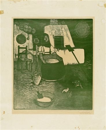Giuseppe Biasi, In cucina. 1936. Linoleografia su velina. mm 340x320. Foglio:...