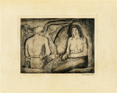 Carlo Carrà, Gli amanti. 1927. Acquaforte e acquatinta. mm 275x363. Foglio:...