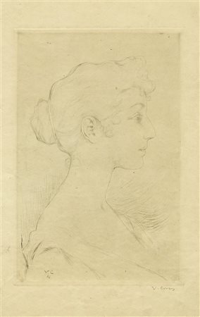 Vittorio Matteo Corcos, Ritratto femminile di profilo. 1892. Puntasecca. mm...