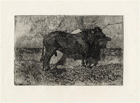 Giovanni Fattori, Il toro. 1800. Acquaforte su zinco. mm 180x280. Foglio: mm...
