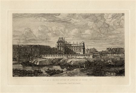 Charles Meryon, Vue de l'Ancien Louvre du coté de la Seine. 1800. Acquaforte....