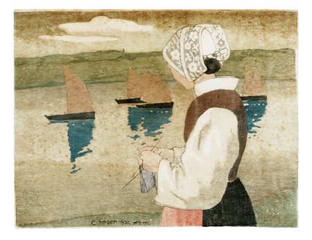 Carl Moser, Strickende Frau mit Booten (Donna che lavora a maglia con...