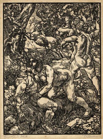 Peter Trumm, Scena mitologica. 1922. Xilografia su carta pesante. mm 327x245....