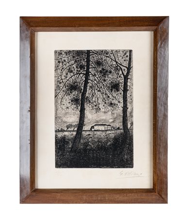 Giuseppe Viviani, Pini con casolare. 1927. Acquaforte. mm 370x246. Foglio: mm...