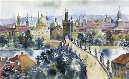 Anonimo del XX secolo, Praga, Ponte Carlo. 1900. Acquerello su carta. mm...