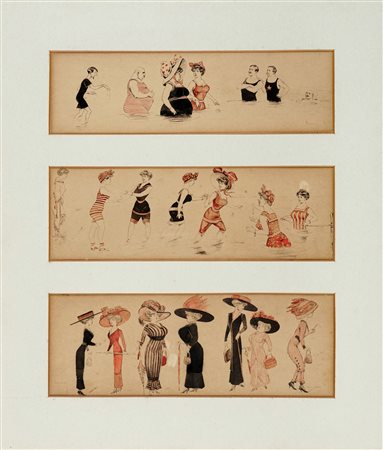 Anonimo del XX secolo, Trittico di vignette a tema balneare. 1910. China...