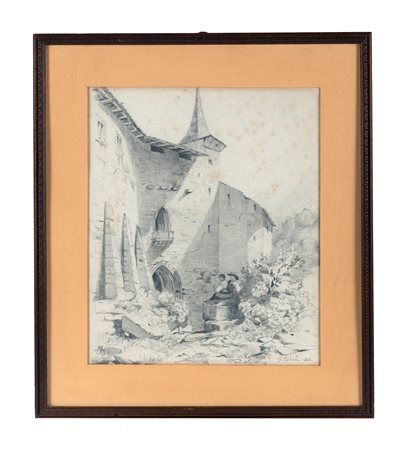 Giuseppe Abbati, Figure e fortezza. 1864. Matita su carta. mm 345x300....