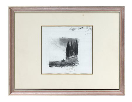 Pietro Annigoni, Figura sotto i cipressi. 1900. Pennelle e inchiostro di...