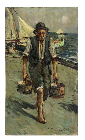 Saturno Bartolomei, Pescatore. 1900. Olio su masonite. cm 35x20. Firmato in...