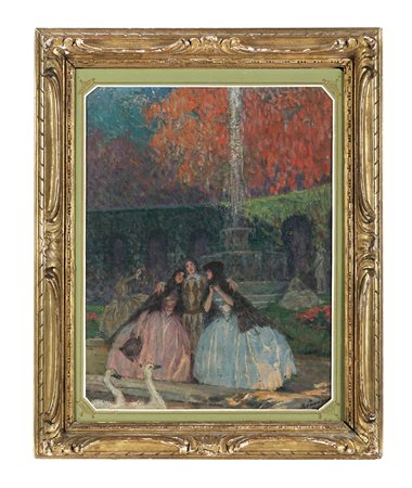 Eugène Béringuier, Tre figure veneziane con cigni. 1900. Olio su cartone. cm...
