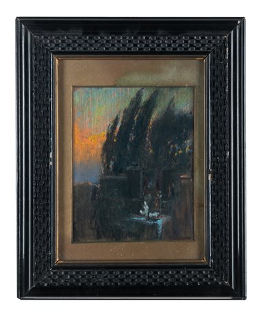 Arnold Böcklin [attribuito a], Vista con cipressi. 1800. Carboncini colorati...