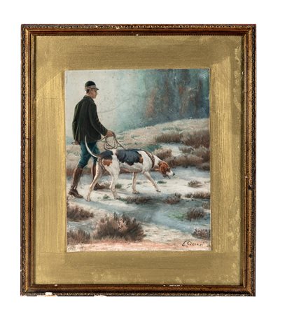 Eugenio Cecconi, Caccia. 1800. Acquerelli su carta. mm 298x230. Firma in...