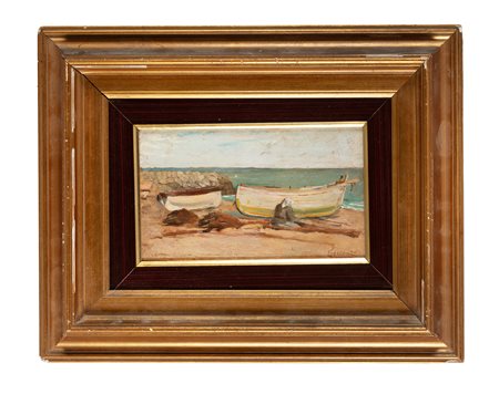 Eugenio Cecconi, Figura con barche. 1800. Olio su tavoletta. cm 10,5x18....