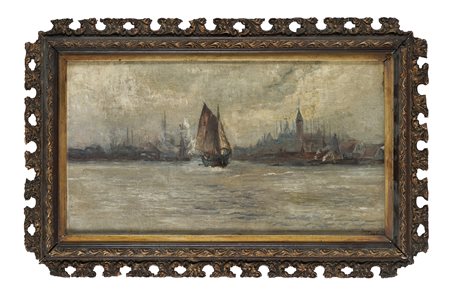 Beppe Ciardi, Laguna veneziana. 1800. Olio su tela. cm 25x45,5. Firmato in...