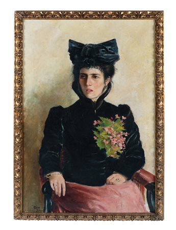 Alfredo Cini, Ritratto di dama con fiocco. 1900. Olio su tela. cm 99x65....