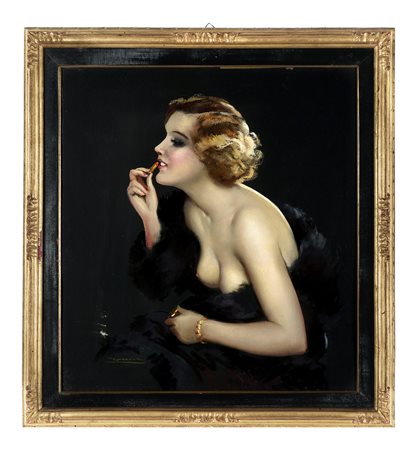 Tito Corbella, Donna che si dà il rossetto. 1900. Tecnica mista su carta. mm...