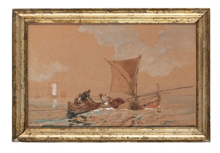 Edoardo Dalbono, Marina con pescatori e barche. 1800. Penna e inchiostro di...