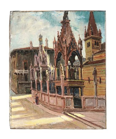 Angelo Dall'Oca Bianca [attribuito a], Verona, Arche scaligere. 1930. Olio su...