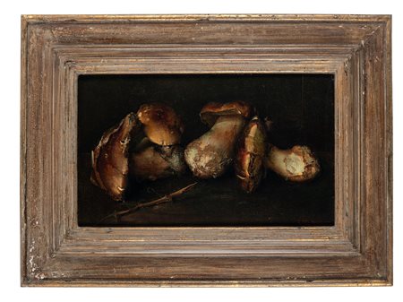 Enrico Del Bono, Natura morta con porcini. 1975. Olio su tela. cm 30,2x50....