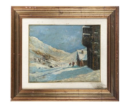 Lorenzo Delleani, Paesaggio innevato. 1987. Olio su tela. cm 39,5x49,5....
