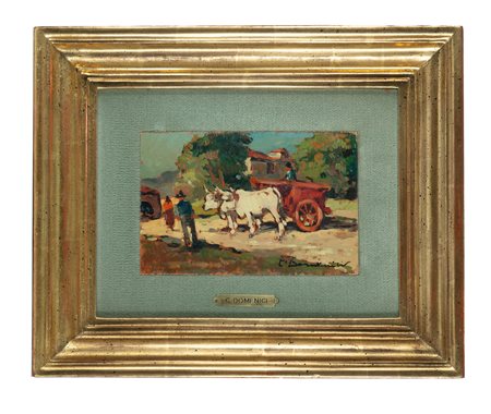 Carlo Domenici, Carro con buoi. 1900. Olio su tavoletta. cm 12,8x19,1....