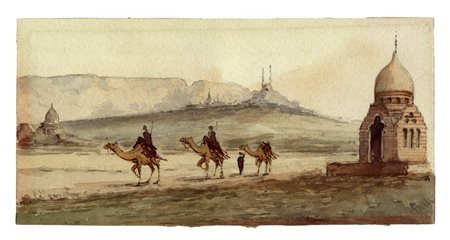 Fabio Fabbi, Scena orientale con cammelli. 1921. Matita e acquerelli su...