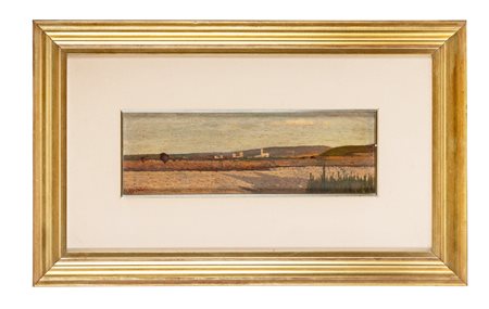 Giovanni Fattori, Paesaggio toscano con strutture. 1880. Olio su tavoletta....