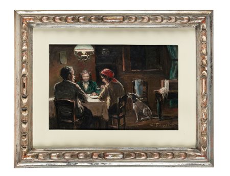 Cafiero Filippelli, Tre figure in interno. 1900. Olio su tavola. cm...