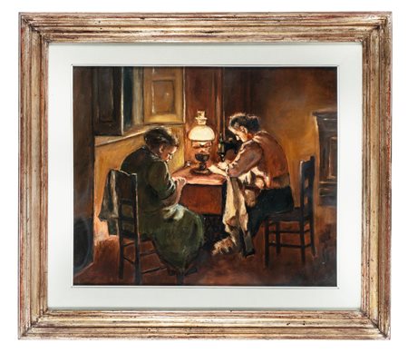 Cafiero Filippelli, Figure che cuciono a lume di candela. 1900. Olio su...
