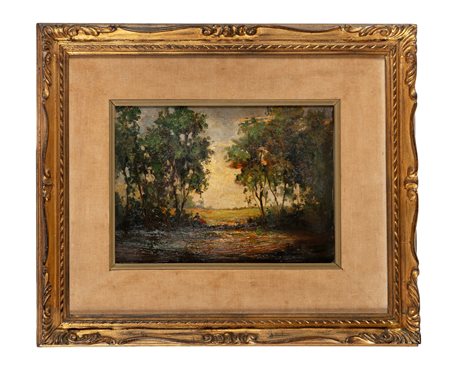 Carlo Follini, Figura nel bosco. 1900. Olio su tavoletta. cm 23x32. Firma in...