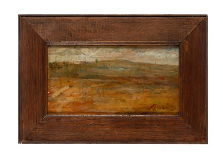 Antonio Fontanesi, Vicino Bologna. 1881. Olio su tavoletta. cm 11x21. Firma...