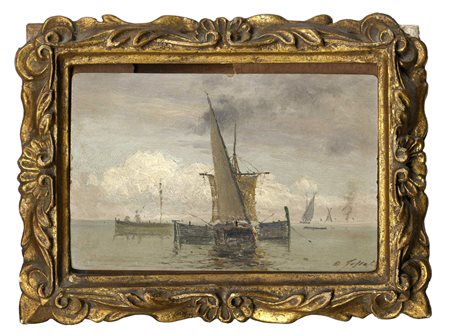 Agostino Fossati, Marina. 1800. Olio su cartoncino. cm 10,8x16,2. Firma in...