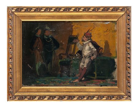 Annibale Gatti, Il buffo di corte. 1800. Olio su tela. cm 19x26,4. Firma in...