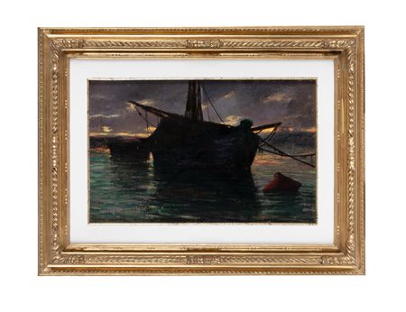 Imbarcazioni al tramonto. 1904. Olio su tela. cm 25x39,6. Etichetta a stampa...