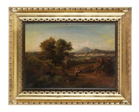 Giacinto Gigante, Paesaggio boschivo con figure e Vesuvio sullo sfondo. 1800....