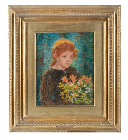 Francesco Gioli, Ragazza con fiori. 1900. Olio su cartone. cm 27x21,5. Firma...
