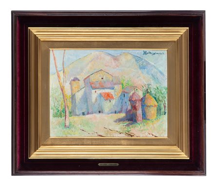 Edoardo Gordigiani, Paesaggio con case e covoni. 1900. Olio su tavola....