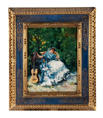 Vincenzo Irolli, Dama con chitarra. 1889. Olio su tavola. cm 25x18,5. Firma e...