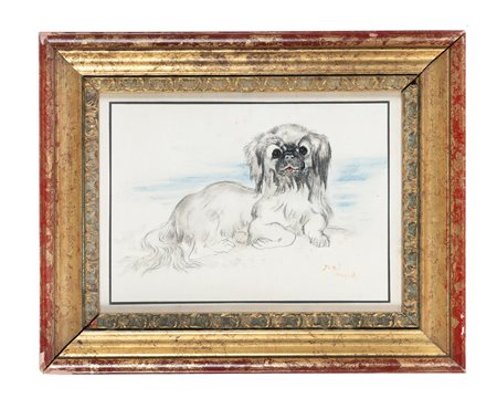 Ludwig Heinrich Jungnickel, Liegender pekinese. 1900. Carboncino e acquerelli...