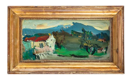 Vasyl Khmeluk, Paesaggio con case. 1900. Olio su cartone. cm 21,5x46. Firmato...