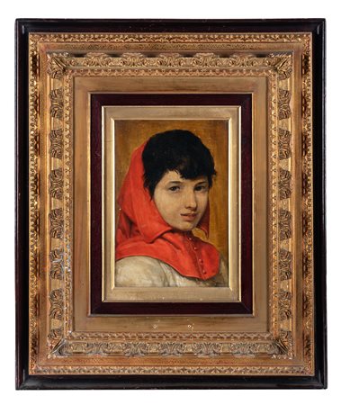 Silvestro Lega, Testina di bambino con cappuccio rosso. 1855. Olio su tavola....