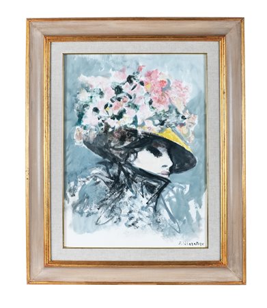 Fausto Maria Liberatore, Ritratto femminile con cappello. 1900. Tecnica mista...