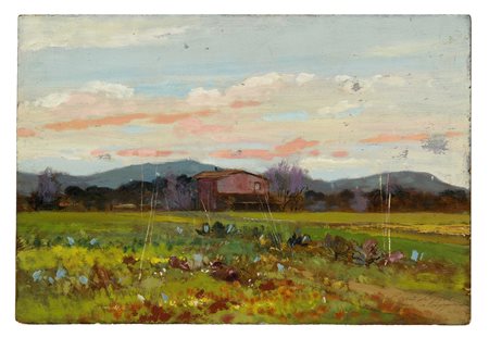 Bruno Loretti, Lotto composto di 2 dipinti raffiguranti paesaggi di campagna....