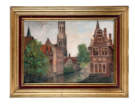 Giovanni Malesci, Vista cittadina con canale. 1900. Olio su tavola. cm 34x49....